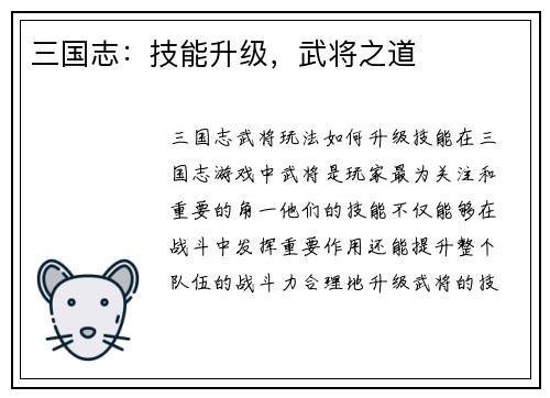 三国志：技能升级，武将之道