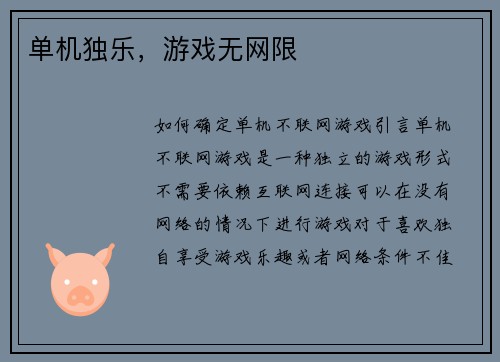 单机独乐，游戏无网限