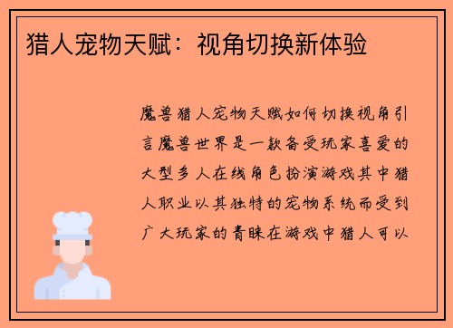 猎人宠物天赋：视角切换新体验